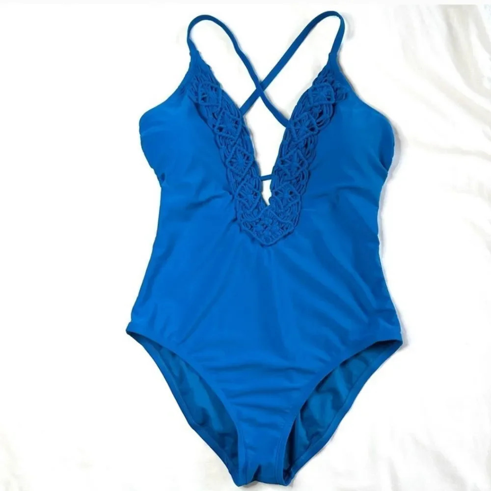 Christina NWT turquoise blue Crochet Front One piece woman swimsuit Size Xlarge